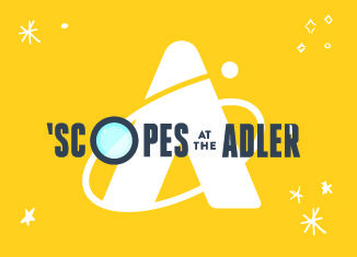 Yellow background with white Adler monogram A and Scopes at the Adler text