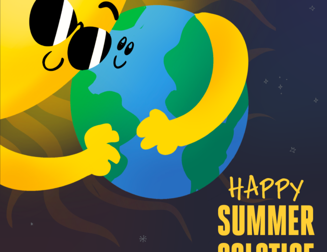 A cartoon Sun with sunglasses is hugging a smiling cartoon Earth in an Adler Planetarium infographic celebrating the 2024 summer solstice.