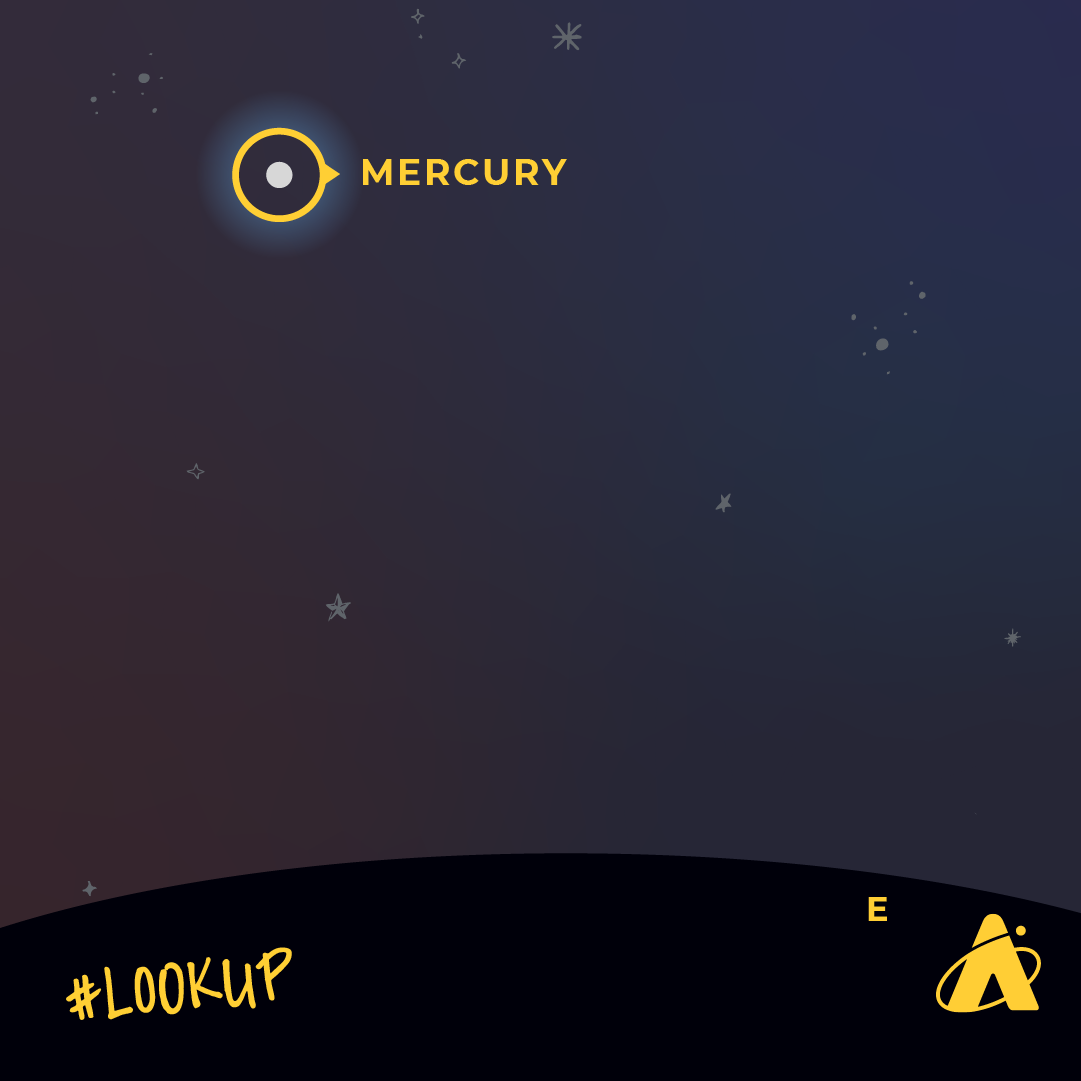 Adler Planetarium infographic depicting Mercury in the eastern sky in September 2024. A white dot, identified with a yellow tag reading “MERCURY,” is in the top left corner of the image. At the bottom, a black horizon line is seen with an “E”, marking due east, in the bottom left corner. “#LOOK UP” is in the bottom left corner with the Adler Planetarium’s yellow logo in the far bottom right corner. 