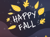 Adler Planetarium infographic that reads “HAPPY FALL” in celebration of the autumnal equinox on September 22, 2024. Yellow/orange cartoon leaves create a wreath around the text atop a dark blue background with hand drawn stars. “#LOOK UP” is in the bottom left corner with the Adler Planetarium’s yellow logo in the bottom right corner.