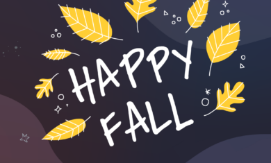 Adler Planetarium infographic that reads “HAPPY FALL” in celebration of the autumnal equinox on September 22, 2024. Yellow/orange cartoon leaves create a wreath around the text atop a dark blue background with hand drawn stars. “#LOOK UP” is in the bottom left corner with the Adler Planetarium’s yellow logo in the bottom right corner.