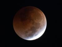 The full Moon appears covered by a dark reddish-grey shadow during a total lunar eclipse.