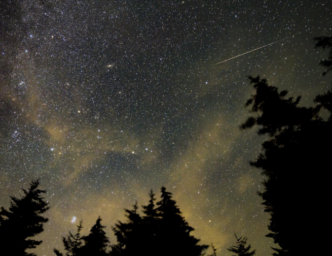 A meteor streaks across the sky during the annual Perseid meteor shower, Wednesday, August 11, 2021, in Spruce Knob, West Virginia. Image Credit: NASA/Bill Ingalls